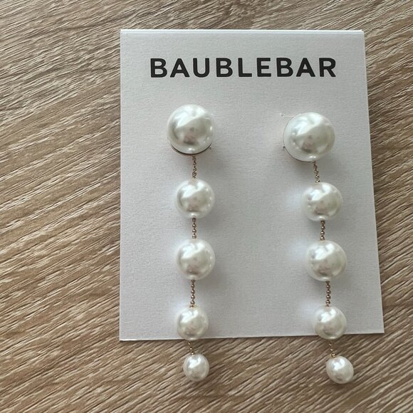 NWT Baublebar Women's White Gold Sheri Imitation Pearl Linear Drop Earrings - Picture 2 of 4